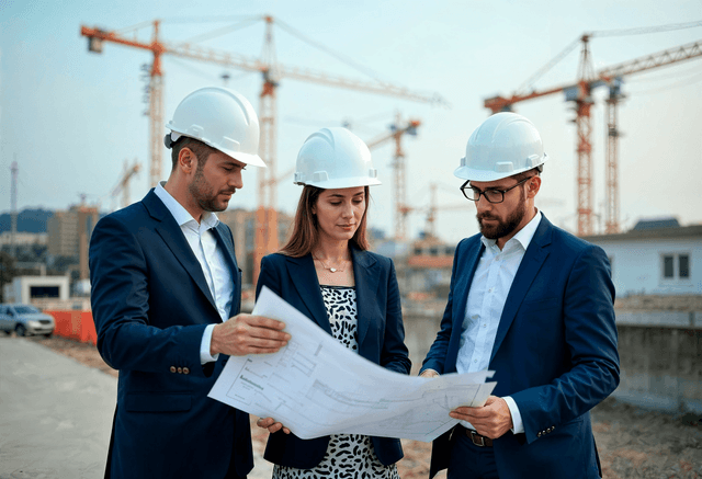 Three engineers in hard hats reviewing blueprints at a construction site with cranes.