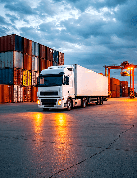 White semi-truck in a cargo yard with stacked shipping containers and crane.