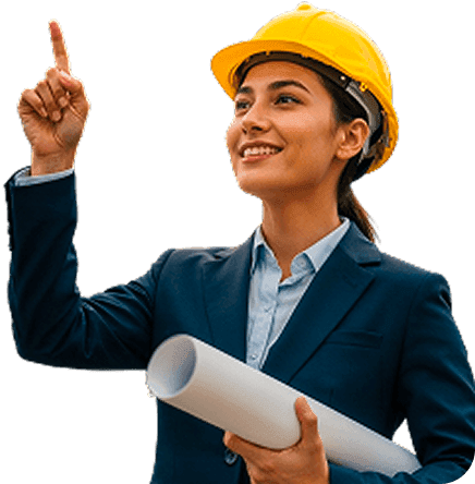 Smiling woman in a yellow hard hat and suit jacket points up, holding blueprints.