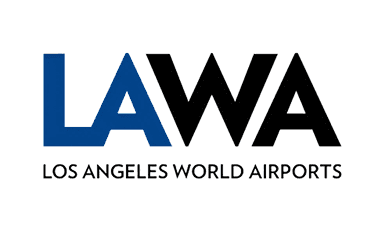 Logo for Los Angeles World Airports (LAWA) with blue 'LA' and black 'WA' text.