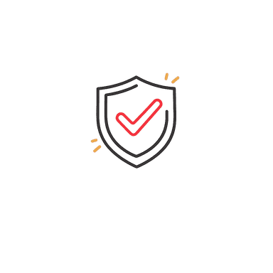 Black shield icon with a prominent red checkmark, indicating security and validation.