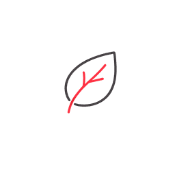 Outline of a leaf crossed out with a red line on a black background.