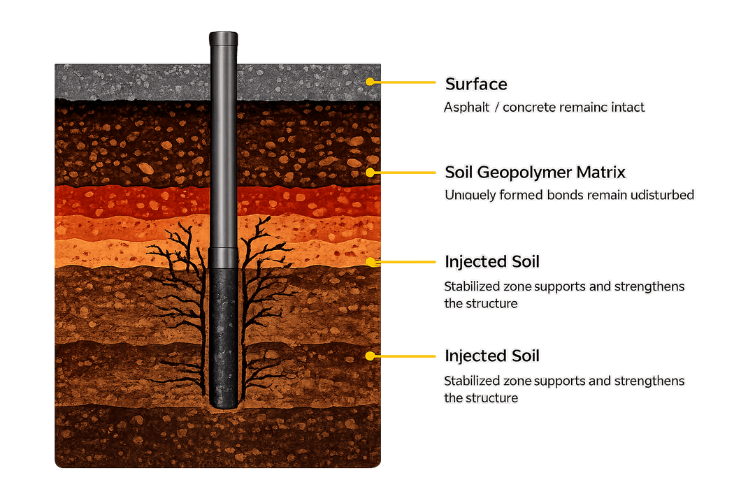 A cross-section diagram shows different soil layers with a metal rod inserted vertically.